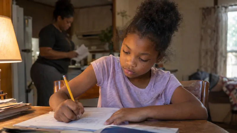A girl in a small apartment doing homework at a kitchen table by a warm lamp while a parent sorts papers in the background