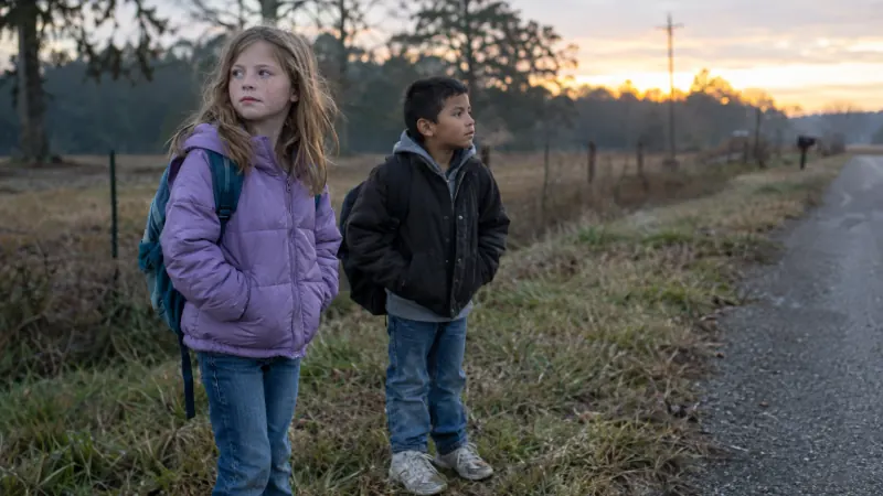 A girl and a boy with backpacks waiting at a rural roadside bus stop at dawn on a cold morning
