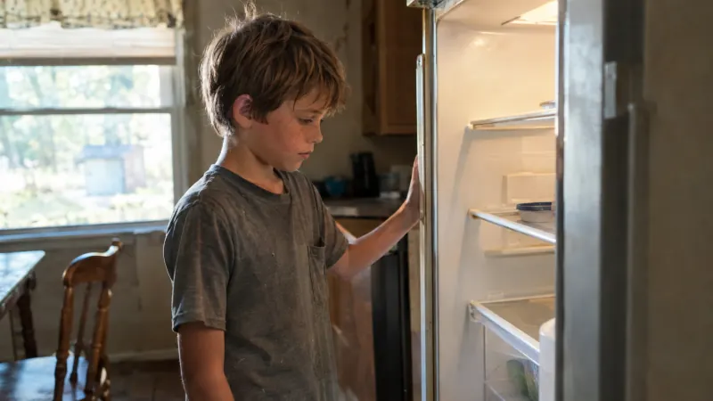 A young boy standing in a small kitchen looking into a nearly empty refrigerator, with warm morning light coming through a window