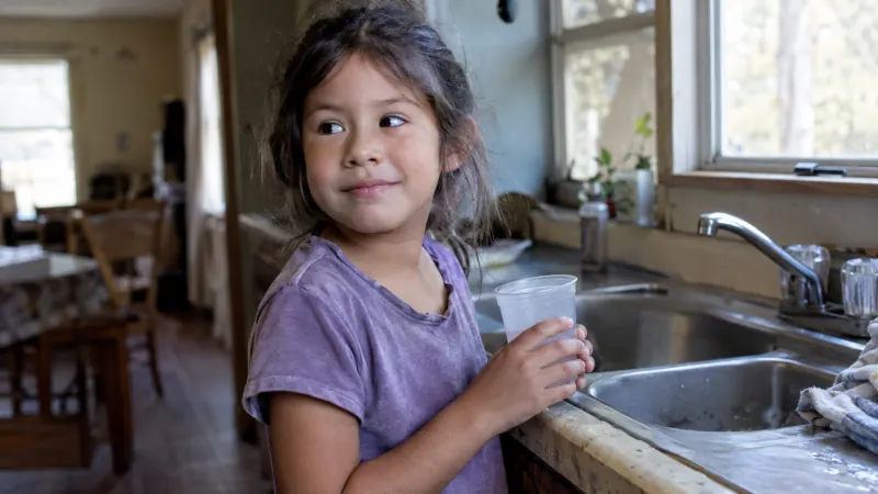 A small girl holding an empty cup beside a kitchen sink in a modest home, soft light on her face