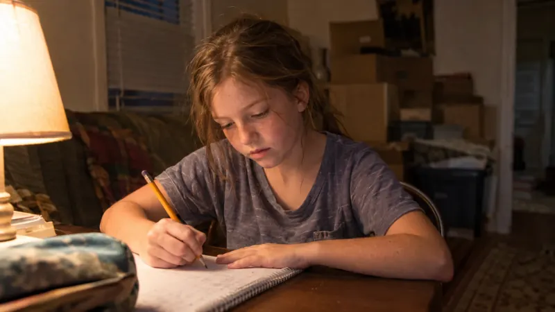 A girl doing homework by lamplight at a small table in a one-room apartment at night
